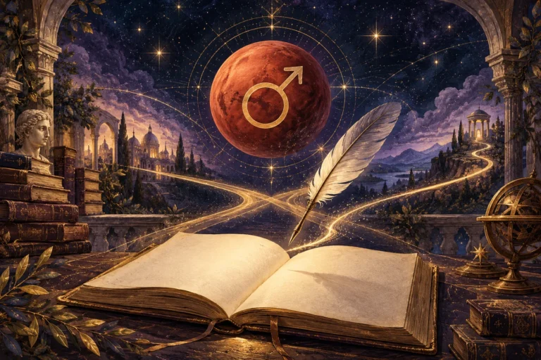 Марс, перо и открытая книга — общение, обучение и споры.